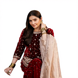 Ensemble haut et pantalon palazzo de soirée moderne et élégant avec dupatta fantaisie en velours de viscose lourd brodé et orné de perles, séchage rapide - Product Image 1