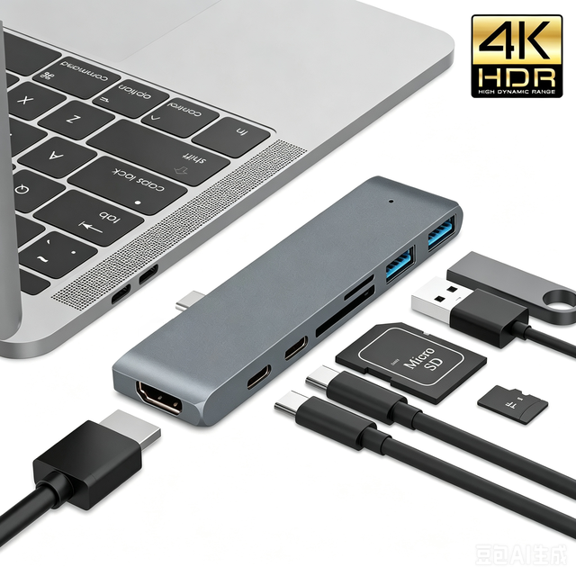 7-in-1 USB-C Docking Station, 4K HD, USB-C PD Charging, Dual USB3.0, TF/SD Card Reader Hub for MacBook Pro