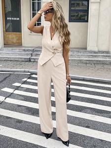 <span class=keywords><strong>Ensemble</strong></span> pantalon et veste sans manches à col en V pour femme, 2 pièces, style européen et américain, personnalisé en usine, teinture unie, printemps/été, usage quotidien, décontracté - Product Image 1