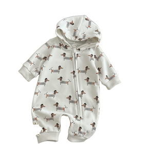 Combinaison à capuche zippée décontractée printemps-automne pour bébé, barboteuse en tricot doux avec imprimé chiot pour garçons et filles (0-18 mois) - Product Image 1