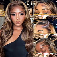 Perruque Lace Front Sunelk Blond Miel pour Cheveux Remy, Densité 200, Sans Colle, 28 Pouces, Pré-Pluckée, Mèches Body Wave pour Femme