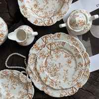 Service de table en céramique marron à motifs floraux de style vintage européen, ensemble rétro de théière, tasses et sucrier en porcelaine