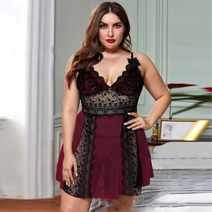 Pigiama <span class=keywords><strong>da</strong></span> donna di lusso taglie forti, elegante in pizzo tinta unita, camicia <span class=keywords><strong>da</strong></span> <span class=keywords><strong>notte</strong></span> traspirante in rete trasparente al ginocchio per l'estate - Product Image 4