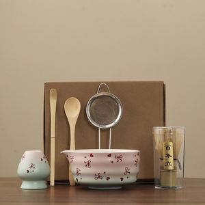 Matcha Bowl and Whisk Holder <b>Cute</b> <b>Bear</b> Patterns Ceramic Matcha Bowl Set with Spout Lovely Tea Mixing Bowl with Whisk Stand Pink - Product Image 1