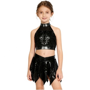 Costumes de danse à sequins pour filles, ensemble deux pièces avec haut dos nu, panneau en maille transparente, jupe à ourlet dentelé, tenue de scène métallique pour enfants, performance latine personnalisée - Product Image 3