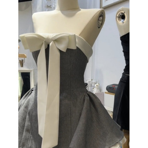 Chinese Style Color-blocking Spliced Bow Strapless High Waist <strong>PVC</strong> <strong>Dress</strong> New Summer Model Elegant Waist-cinching Slim-fit Short - Product Image 2
