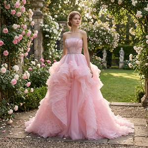 Robe de soirée asymétrique en tulle plissé avec corsage orné de perles de cristal rose, modèle Jancember 261069 - Product Image 1