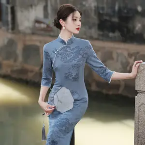 2024 sonderangebot frauenkleider lässig damen lady elegantes kleid vintage stil wildleder alter shanghai charme klassisch lang qipao