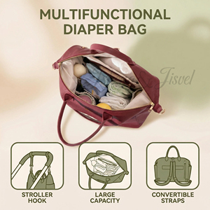 Sac à couches portable grande capacité <span class=keywords><strong>bordeaux</strong></span> avec crochets pour poussette et pochette détachable |   Ensemble sac à dos et sac à main 5-en-1 multi-usages pour maman - Product Image 3