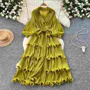 Vestido Midi Plisado con Cuello Vuelto Estilo Vintage Primavera 2025 para Mujer, Manga Linterna, Estampado Digital Casual con Volantes y Encaje - Product Image 2