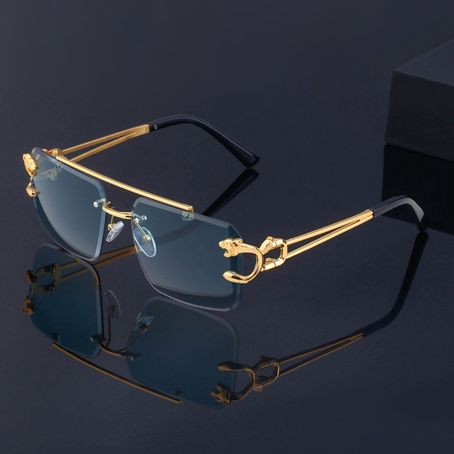 Double Bridge Rimless Eyewear Women Men Oversized Sun Glasses Designer Famous Brands Metal Leopard Head Sunglasses