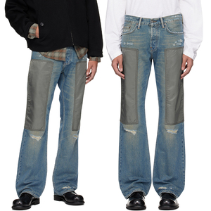 กางเกงยีนส์ทรงขาบานสไตล์วินเทจสำหรับผู้ชายจาก KingSen ตกแต่งด้วยผ้าไนลอนแบบปะติดปะต่อ ขาดเซอร์ๆ ทรงขากว้าง สไตล์ Y2K สตรีทแวร์ - Product Image 1