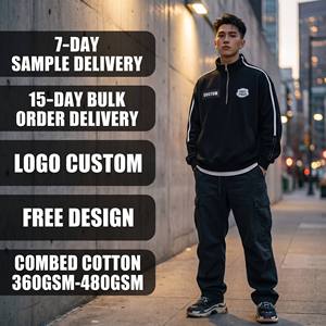 <span class=keywords><strong>Felpa</strong></span> Streetwear Premium Personalizzata in Cotone Pettinato 420GSM, Vestibilità Boxy, Zip a Quarto, Striscia <span class=keywords><strong>Laterale</strong></span>, Patchwork per Brand di Moda - Product Image 1