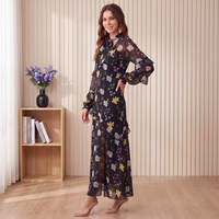 Robe longue élégante en mousseline à imprimé floral, col noué, manches longues, volants et fente, pour femme, idéale pour les mariages, les cocktails et les soirées.