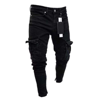 Nouveau Jean Cargo Slim Homme Long Extensible Noir avec Poches Façon Motard pour Travail