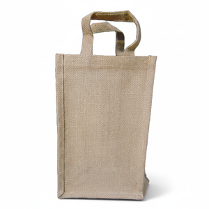 Bolsa de regalo de yute con mango de bambú de tamaño mediano al por mayor, superventas, embalaje de exhibición de ventana de arpillera geométrica para tres botellas de vino - Product Image 1