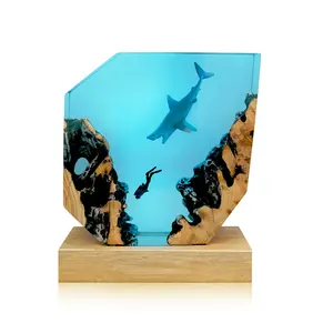 New Creative Design Epoxy Resin Wood Lamp LED Gift Night Light Blue Diver & Whale Home Decoration Table Lamp Irregularly square