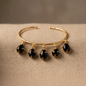 Gold Plated Brass Cuff Bracelet Natural Black Onyx Water Drop Stones Claw Setting Vintage Style <b>Indian</b> Made Unisex Gift Jewelry - Product Image 1