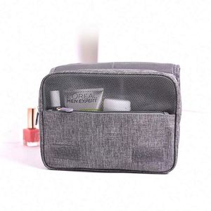 Sac de toilette portable en polyester cationique gris sur mesure, sac de maquillage imperméable pour homme avec logo - Product Image 6