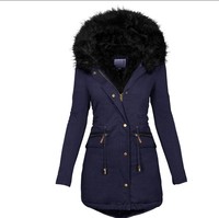 Veste en coton chaud à capuche et col en fourrure unie pour femmes européennes et américaines d'automne et d'hiver