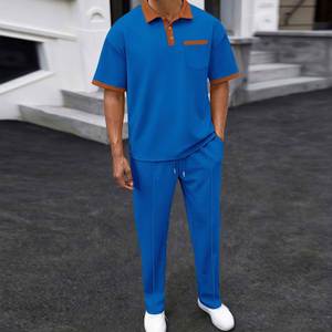 I-0641 Hot Sale Plus Size Men's Sets High Quality Eco-Friendly Button Collar Short Sleeve Soft Solid Spandex/Cotton Formal Pants - Product Image 3
