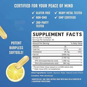 Marque privée 500mg Omega 3 Huile de poisson Capsule molle à mâcher GMP Supplément d'usine OEM/ODM pour adultes Fabriqué en Chine - Product Image 3