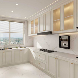Meubles de cuisine de style français en forme de L, base en bois massif, armoire modulaire avec plan de travail en quartz pour cuisinière domestique - Product Image 4