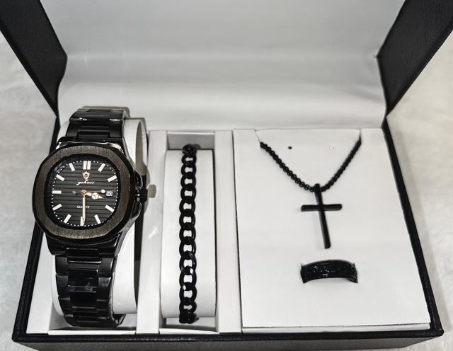 Gohuos 8803 Quartz Watch & Jewelry Accessories 3Pcs Set Without Box Fashion Square Watch Date Display Waterproof Watches for Men