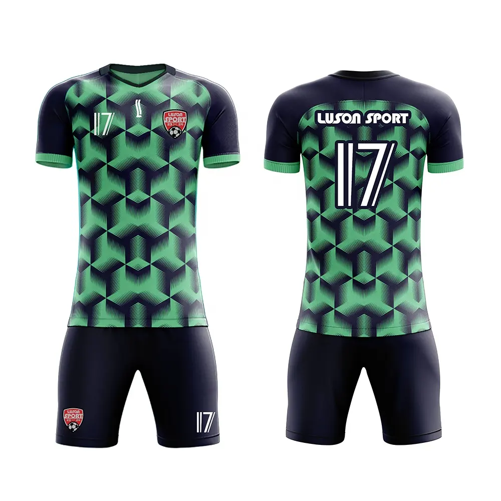 Luson Conjuntos de camisa de futebol personalizada de alta qualidade para prática de secagem rápida, camisa de futebol unissex preta e verde