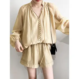 2024新着リネン服レディースシャツとショーツ衣装麻ルーズスタイル女性ツーピースセット