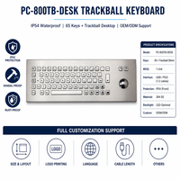 PC-800TB-DESK IP54 Keyboard Trackball Desktop Baja Tahan Karat Industri Tahan Air 65 Tombol USB PS/2 untuk Mesin CNC Kios