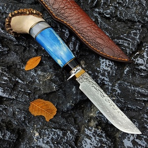 Cuchillo de Caza y Rescate de Acero de Damasco para Exteriores con Funda de Cuero Vacuno, Mango de Hueso de Cuerno de Ciervo, Hoja Fija DIY OEM de 9.6cm, 60HRC - Product Image 5