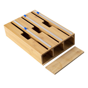 Amazon hot selling bamboo box with plastic slide cutters aluminum foil parchment paper cling wrap organizer dispenser for home