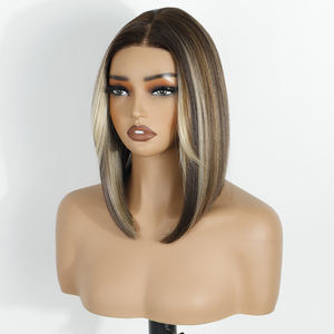 باروكة قصيرة مستقيمة بقصة بوب مع غرة، لون أسود طبيعي، شعر صناعي بني، دانتيل أمامي، مقاومة للحرارة، صغيرة الحجم - Product Image 2