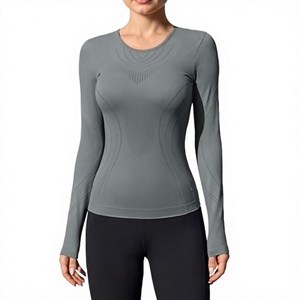 <b>Women's</b> Gray Long Sleeve Breathable <b>Compression</b> <b>Top</b> Crew Neck Workout Fitness Shirt Autumn/Winter/Spring - Product Image 1