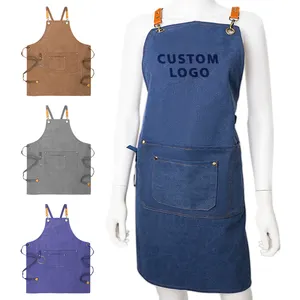 Cotton Canvas Cross Back Studios Uniform Kitchen Cooking Baking Bib denim apron Canvas Aprons for Woman Men Chef