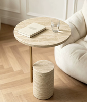 Table basse en marbre travertin naturel beige poli, design simple et rond, en acier inoxydable, pour la décoration de la maison