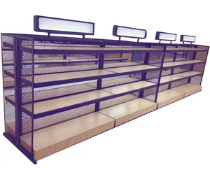 MDF 4 layers double side multiple combined wire mesh metal display shelves supermarket shelving with advertising lighting box