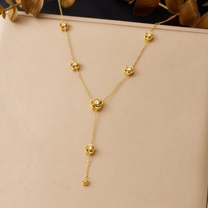 Gold Plated Rose Pendant Y Shape Chain Necklace With Diamond Inlay For Wedding Daily Wear - Product Image 1