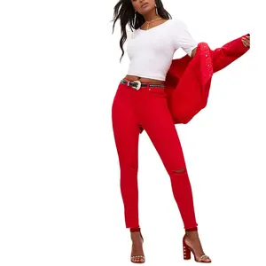 China Factory OEM Hot Selling Women Red Ripped Knee Skinny Denim Jean