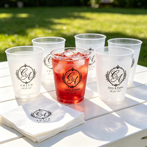 แก้วน้ำพลาสติก PP แบบใช้แล้วทิ้ง Eco New Arrival Custom Frost Flex Cup ขนาด 10oz/12oz/16oz พร้อมโลโก้สั่งทำ สำหรับแคมป์ปิ้ง พร้อมผ้าเช็ดปากสีดำ - Product Image 1