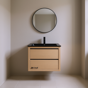 Bathroom Vanity 24 Inch Light Oak Finish With Black Ceramic Sink And Soft Close Drawers Wall Mounted Modern Minimalist Design - Product Image 2