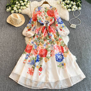 Nouvelle robe longue à col en <span class=keywords><strong>V</strong></span> et manches lanternes, série rétro à fleurs, taille cintrée, robe élégante pour fille, robe vintage, 2025 - Product Image 3