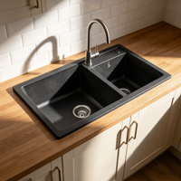 Évier en quartz personnalisé de 32 pouces, 32*18*8'', à poser, double bac, en granit composite noir, sans robinet, cuisine moderne