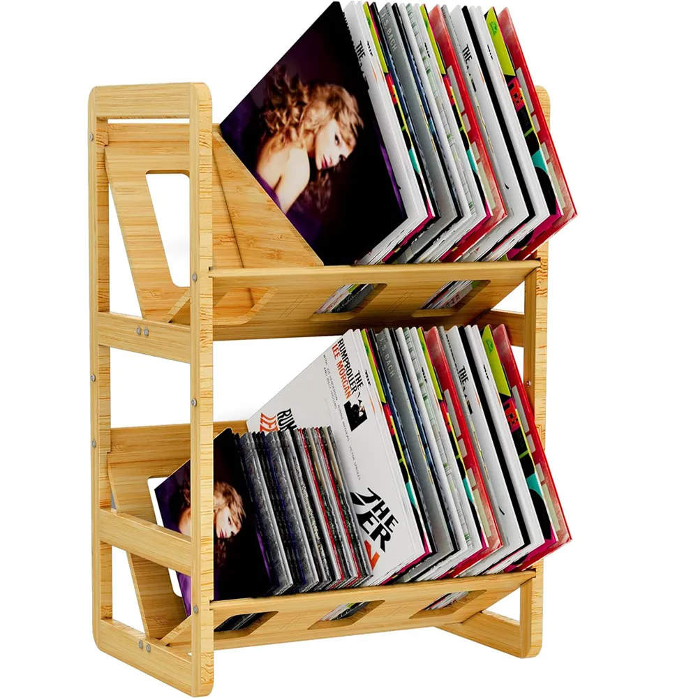 Bamboe Vinyl Record Opslag, 2 Tier Record Stand Plank Met Verdelers, Vinyl Record Display Rack