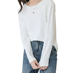 Camiseta de Manga Larga para Mujer, Ecológica, de Seda/Algodón, Cuello Redondo, Blanca, Lisa, Básica, para Primavera/Verano - Product Image 3