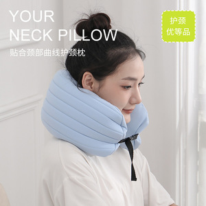 Almohada de viaje en forma de U, soporte portátil para el cuello, color azul claro, para siestas en el avión y la oficina, diseño compacto - Product Image 5