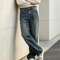 Jeans à jambe droite, denim délavé et teint, style rétro, déchiré, décontracté, pour tous les jours, coupe ample, pour hommes, LOGO personnalisé