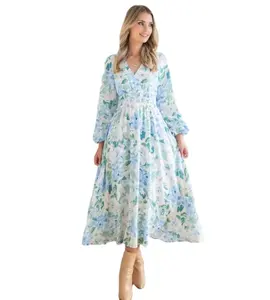 RTS Stocklot Women's Available Floral Print Boho Summer Beach Dress Elasticized Waist Criss-cross Neck Midi Dress in stock