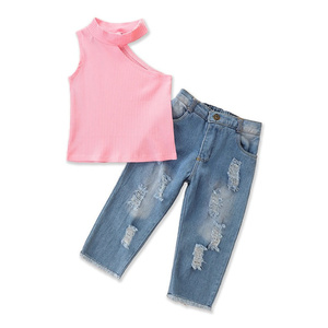 Conjunto de Ropa de Verano para Niñas WHS04, Top Rojo + Pantalones Vaqueros, 2 Piezas, Trajes Infantiles, Pantalones Bordados a la Moda para Niñas, Ropa para Bebés - Product Image 2